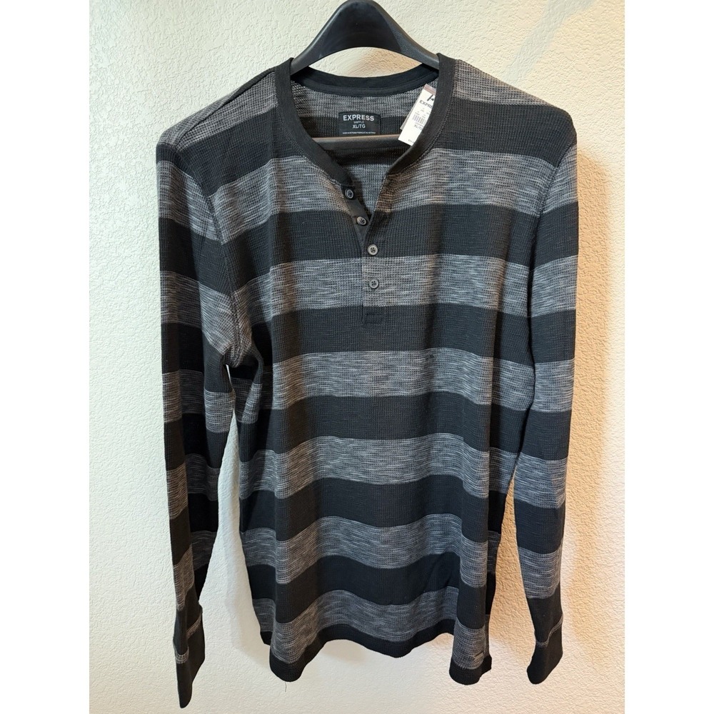 BRAND NEW- Express Waffle Knit Striped Henley Sweater Black Gray XL Long Sleeve‎